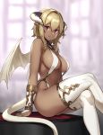  1girl bangs bare_shoulders blonde_hair blurry blurry_background breasts bridal_gauntlets cleavage closed_mouth crossed_legs dark_skin demon_girl demon_horns demon_tail demon_wings depth_of_field feet_out_of_frame hair_intakes highres horns houtengeki large_breasts looking_at_viewer original pink_eyes pointy_ears sidelocks sitting slingshot_swimsuit smile solo swimsuit tail thighhighs thighs white_legwear white_swimsuit white_wings wings 