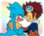  blue_body blue_skin clothing davis_motomiya digimon digimon_(species) eyes_closed eyewear fangs gloves goggles hair handwear holding_(disambiguation) human male mammal rainbow_background simple_background teeth unknown_artist veemon 