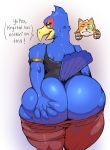  ambiguous_gender anthro avian beak big_butt bird blush butt butt_grab clothed clothing curvy_figure digital_media_(artwork) falco_lombardi feathers fox_mccloud grope hand_on_butt hi_res huge_butt looking_at_viewer looking_back male nintendo open_mouth simple_background solo star_fox sxfpantera thick_thighs video_games wide_hips 