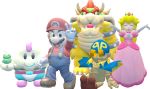  bowser fungus geno hug looking_at_viewer mallow mario mario_bros mushroom nintendo peace_sign_(disambiguation) princess_peach sitting smile super_mario_rpg_legend_of_the_seven_stars video_games 