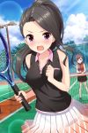  absurdres alternative_girls angry black_hair blush highres long_hair official_art open_mouth ponytail purple_eyes racket saionji_rei sleeveless sportswear tennis_net tennis_racket tennis_uniform 