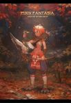  1boy akaneko_(redakanekocat) bird bow_(weapon) copyright_name dated duck feather_trim forest gem green_eyes highres holding holding_bird holding_bow_(weapon) holding_weapon nature navel outdoors pixiv_fantasia_age_of_starlight quiver red_hair sidelocks standing sweatdrop talons weapon 