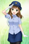  1girl absurdres alternative_girls brown_hair gloves green_eyes hat highres hirose_koharu light_blush long_hair official_art police police_hat police_uniform policewoman short_sleeves smile teeth uniform white_gloves 