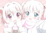  2girls :d ahoge akaza_akari bangs blue_eyes blush brown_eyes double_bun eyebrows_visible_through_hair gloves hair_between_eyes hair_bobbles hair_ornament hands_up highres long_sleeves looking_at_viewer multiple_girls open_mouth pink_hair pink_scarf reaching_out scarf shared_scarf smile trg-_(sain) twintails upper_body white_gloves yoshikawa_chinatsu yuru_yuri 