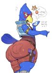  anthro avian beak big_butt bird blush bodily_fluids butt butt_focus canid canine digital_media_(artwork) falco_lombardi feathers fox fox_mccloud hi_res huge_butt looking_back male male/male mammal massive_ass nintendo open_mouth simple_background smothering star_fox sweat sxfpantera thick_thighs video_games wide_hips 