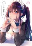 1girl bangs blue_eyes blue_neckwear blue_ribbon blush breasts brown_hair cleavage closed_mouth collarbone commentary_request detached_collar eyebrows_visible_through_hair fidgeting hair_ribbon highres large_breasts long_hair long_sleeves maid maid_headdress motion_lines neck_ribbon original ramchi ribbon signature simple_background speech_bubble spoken_blush table translation_request twintails upper_body v-shaped_eyebrows white_background 