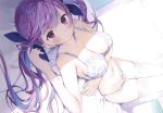  bed breast_hold breasts cleavage cropped hololive long_hair matsui_hiroaki minato_aqua panties photoshop purple_eyes purple_hair scan thighhighs twintails underwear 