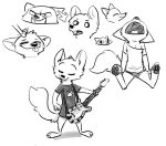  2020 ambiguous_gender anthro barefoot bottomwear canid canine cheek_tuft clothed clothing cute_fangs disembodied_hand disney duo eyes_closed facial_tuft fox frown fuel_(artist) greyscale guitar head_tuft holding_guitar holding_musical_instrument holding_object inner_ear_fluff mammal monochrome musical_instrument off_shoulder open_mouth pawpads petting plucked_string_instrument shirt shorts simple_background sitting sketch_page skye_(zootopia) smile solo solo_focus standing string_instrument t-shirt tongue tongue_out topwear tuft white_background zootopia 