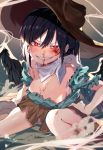  1girl bandana bangs bare_shoulders black_hair black_wings blood blood_on_face blue_shirt blush breasts brown_headwear brown_skirt cleavage commentary_request cowboy_hat eyebrows_visible_through_hair fangs feathered_wings grey_background grin hair_between_eyes hand_on_hip hat highres kurokoma_saki large_breasts long_hair looking_at_viewer miniskirt nosebleed off-shoulder_shirt off_shoulder pleated_skirt red_eyes satoupote shirt short_sleeves skirt smile solo thighs torn_clothes torn_skirt torn_sleeves touhou wings 