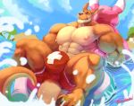  2019 abs anthro beach biceps big_bulge big_muscles black_claws black_nose blue_eyes brown_body brown_fur bulge claws clothed clothing fur hi_res huge_muscles kangaroo lifeguard looking_at_viewer lying macropod male mammal marsupial multicolored_body multicolored_fur muscular muscular_male nipples on_back pecs pink_nipples quads ritsukaxan sea seaside smile solo swimwear tan_body tan_fur topless triceps two_tone_body two_tone_fur water 