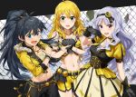 3girls :d absurdres ahoge antenna_hair armlet ayano_yuu_(sonma_1426) bangs bare_shoulders belt beyond_the_nobles beyond_the_vibes beyond_the_wishes black_belt black_gloves black_hair black_pants black_ribbon blonde_hair blue_eyes blunt_bangs blush breasts chain chain-link_fence choker cleavage collarbone commentary_request cowboy_shot cropped_jacket dress earrings eyebrows_visible_through_hair fang fence fingerless_gloves flower fur-trimmed_jacket fur-trimmed_vest fur_trim ganaha_hibiki glint gloves gold_dress green_eyes groin hair_flower hair_ornament hair_ribbon hairband hands_on_own_chest high_ponytail highres hoop_earrings hoshii_miki idolmaster idolmaster_(classic) jacket jewelry letterboxed looking_at_viewer medium_breasts midriff multicolored multicolored_clothes multicolored_dress multiple_girls navel necklace open_clothes open_jacket open_mouth pants ponytail project_fairy purple_eyes ribbon shadow sheer_gloves shijou_takane shorts sidelocks silver_hair small_breasts smile standing strapless tubetop vest wrist_cuffs yellow_jacket yellow_shorts yellow_vest 