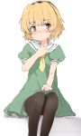  1girl bangs black_hairband black_legwear blonde_hair blush closed_mouth commentary_request dress eyebrows_visible_through_hair feet_out_of_frame flan_(harry_mackenzie) green_dress hairband hand_up higurashi_no_naku_koro_ni houjou_satoko neckerchief nose_blush pantyhose puffy_short_sleeves puffy_sleeves red_eyes sailor_collar sailor_dress shadow short_sleeves sitting solo tearing_up tears white_background white_sailor_collar yellow_neckwear 