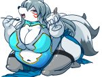  2016 4:3 anthro belly big_belly big_breasts blue_eyes blue_hair breasts canid canine cleavage clothed clothing female fox fur fuyusen grey_body grey_fur hair hi_res looking_at_viewer mammal open_mouth overweight simple_background solo standing white_belly yosioka_san 