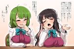  2girls ascot bangs black_hair blouse blue_ribbon blush bow bowtie breast_rest breasts closed_eyes dress eyebrows_visible_through_hair fang green_hair hair_between_eyes hairband kantai_collection large_breasts long_hair long_sleeves mole mole_under_mouth multicolored_hair multiple_girls naganami_(kantai_collection) open_mouth pink_hair pleated_skirt remodel_(kantai_collection) ribbon school_uniform shirt skirt two-tone_hair vest wavy_hair white_blouse white_hairband white_shirt yoshi_tama yuugumo_(kantai_collection) 