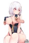  1girl artist_name azur_lane breast_curtains breast_grab breastless_clothes breasts breasts_outside china_dress chinese_clothes commentary_request dated ddangbi dress grabbing grabbing_from_behind hair_ornament hands_on_lap korean_commentary neckwear_between_breasts pelvic_curtain red_eyes revealing_clothes short_hair sirius_(azur_lane) sirius_(azure_horizons)_(azur_lane) solo_focus thighhighs v_arms watermark white_background white_hair white_legwear 