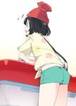  1girl beanie black_hair blue_eyes from_behind green_shorts hat ixy midriff mizuki_(pokemon) open_mouth pokemon pokemon_(game) pokemon_sm red_headwear shirt short_hair shorts simple_background solo tied_shirt white_background yellow_shirt 