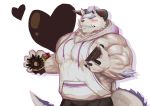  2019 5_fingers absurd_res anthro behemoth_(housamo) biceps big_muscles black_claws black_horn black_nose blush cake claws doughnut eating eyes_closed fingers food fur hair hi_res horn huge_muscles male monster muscular muscular_male pecs purple_hair simple_background sleeveless_hoodie solo standing tokyo_afterschool_summoners traver009 video_games white_background white_body white_fur 