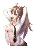  1girl ahoge aotu_world bangs black_legwear blue_eyes breasts brown_hair cleavage collarbone genderswap in_mouth large_breasts long_hair looking_at_viewer navel necktie no_bra open_clothes open_shirt passerby_b ponytail sample shirt solo upper_body white_shirt 