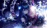  2girls absurdres bangs black_gloves blue_eyes blue_flower blue_hair closed_eyes closed_mouth eyebrows_visible_through_hair fingerless_gloves floating_hair flower gloves grin hair_between_eyes hair_flower hair_ornament highres holding_hands interlocked_fingers laby_(elsword) lium long_hair multiple_girls nisha_(elsword) pink_hair shiny shiny_hair smile very_long_hair 