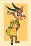  2020 ambiguous_gender antelope anthro apron barefoot border bovid chibi chico_(fuel) clothed clothing dress facial_markings fuel_(artist) gazelle head_markings horn mammal markings orange_background outline simple_background solo standing yellow_border 