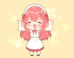  1girl :d ^_^ aizawa85 apron bangs bare_shoulders black_footwear blush breasts brown_background brown_shirt chibi closed_eyes eyebrows_visible_through_hair facing_viewer floral_background full_body hair_ribbon long_hair maid maid_headdress medium_breasts open_mouth original outstretched_arms red_hair red_ribbon red_skirt ribbon shirt skirt smile solo spread_arms standing strapless very_long_hair waist_apron white_apron wide_sleeves 