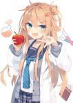  1girl :d ahoge apple aqua_eyes blonde_hair book cardigan coat commentary_request double_bun fang flask food fruit grey_cardigan hair_between_eyes hair_ornament hair_rings hairclip hands_up highres holding holding_food holding_fruit labcoat long_hair looking_at_viewer necktie nibiiro_shizuka open_cardigan open_clothes open_coat open_mouth original plaid plaid_skirt sailor_collar school_uniform shirt skirt smile solo striped striped_neckwear test_tube upper_body v-shaped_eyebrows white_background white_coat white_shirt 