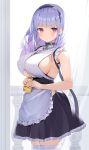  1girl apron azur_lane bangs bare_shoulders black_hairband blush breasts commentary_request dido_(azur_lane) earrings eyebrows_visible_through_hair frills gedou_(shigure_seishin) hairband highres holding huge_breasts jewelry large_breasts long_hair looking_at_viewer maid maid_dress pink_eyes silver_hair sleeveless solo thighhighs underboob underboob_cutout waist_apron white_apron white_legwear 