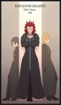  1girl axel_(kingdom_hearts) black_coat_(kingdom_hearts) black_hair blonde_hair breasts cloak closed_mouth commentary_request facial_mark gloves gogo_(detteiu_de) green_eyes highres hood kingdom_hearts kingdom_hearts_358/2_days multiple_boys organization_xiii red_hair roxas short_hair spiked_hair xion_(kingdom_hearts) 