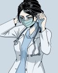  1girl aqua_background black_hair brown_eyes cape doctor half-closed_eyes highres mask_pull original randomuselessd1 solo stethoscope surgical_mask tied_hair white_cape 