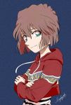  1girl aqua_eyes bangs blue_background brown_hair closed_mouth crossed_arms daylight919 eyebrows_visible_through_hair haibara_ai hair_between_eyes highres hood hooded_sweater long_sleeves looking_at_viewer meitantei_conan red_sweater short_hair signature smile solo sweater 