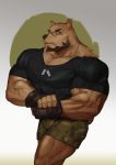  2018 abs absurd_res anthro beard biceps big_muscles bottomwear brown_body brown_fur brown_hair brown_nose clothing dog_tags facial_hair fingerless_gloves flexing fur gloves hair handwear hi_res huge_muscles male mammal muscular muscular_male pecs quads shirt shorts simple_background solo standing t-shirt tight_clothing topwear traver009 triceps ursid 