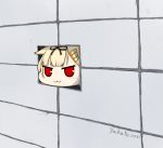  1girl :3 artist_name bangs black_ribbon blonde_hair blunt_bangs blush chibi hair_flaps hair_ornament hair_ribbon hairclip kantai_collection red_eyes ribbon sidelocks solo tile_wall tiles twitter_username yakuto007 yuudachi_(kantai_collection) 