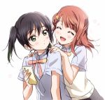  2girls :d ^_^ anata-chan_(love_live!) bangs black_hair blue_shirt blush cellphone cheek_poking closed_eyes collared_shirt commentary earbuds earphones fuyuu310 green_eyes hair_ornament hairclip highres holding holding_phone looking_at_another looking_back love_live! love_live!_school_idol_festival_all_stars medium_hair multiple_girls nijigasaki_academy_uniform open_mouth phone poking red_hair shirt side_bun smartphone smile sweater_vest symbol_commentary twintails uehara_ayumu upper_body white_background 