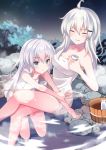  2girls ahoge bathing blue_eyes bottle bucket bush choko_(cup) closed_eyes collarbone commentary_request cup facial_scar fathom full_body gangut_(kantai_collection) grey_hair hibiki_(kantai_collection) highres kantai_collection long_hair multiple_girls naked_towel night onsen rock scar scar_on_cheek silver_hair smile tokkuri towel verniy_(kantai_collection) water white_towel 