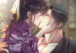  1boy 1girl black_hair black_kimono blurry blurry_background blush closed_eyes floral_print glasses hand_on_another&#039;s_cheek hand_on_another&#039;s_face hetero izumi_(stardustalone) japanese_clothes kimono kiss long_hair purple_kimono renri_no_chigiri_wo_kimi_to_shiru sweatdrop 