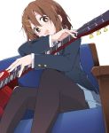  1girl black_legwear blazer blue_skirt brown_eyes brown_hair couch electric_guitar guitar hair_between_eyes hair_ornament hairclip hirasawa_yui instrument ixy jacket k-on! les_paul long_sleeves looking_at_viewer open_mouth pantyhose pleated_skirt sakuragaoka_high_school_uniform school_uniform short_hair simple_background sitting skirt smile solo white_background 