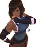  1girl absurdres airisubaka artist_name avatar_(series) bangs bare_shoulders black_gloves blue_eyes breasts brown_hair dark_skin elbow_gloves eyebrows_visible_through_hair fingerless_gloves gloves hair_tubes highres korra large_breasts long_hair one_eye_closed shirt short_hair simple_background sleeveless sleeveless_shirt solo the_legend_of_korra 