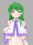  1girl absurdres areola_slip areolae bare_shoulders big_mouse blue_eyes blush breasts breasts_apart cleavage closed_mouth green_hair grey_background highres huge_breasts kochiya_sanae large_areolae long_hair looking_at_viewer navel nipple_slip nipples no_bra shiny shiny_hair shiny_skin simple_background smile solo standing tongue tongue_out touhou underboob upper_body 