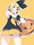  1girl black_hairband blonde_hair blush fang hair_ornament hairband halloween holding_pumpkin ixy jack-o&#039;-lantern kagamine_rin looking_at_viewer open_mouth pleated_skirt pumpkin red_eyes short_hair simple_background skirt sleeveless solo standing vocaloid vocaloid_(sour-type_ver) x_hair_ornament yellow_background yellow_skirt 