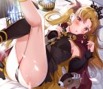  1girl :o ass bangs bare_legs bed_sheet black_legwear black_leotard blonde_hair blue_fire blush bow breasts cage cape commentary_request earrings ereshkigal_(fate/grand_order) eyebrows_visible_through_hair fate/grand_order fate_(series) feet_out_of_frame fire hair_bow hand_on_own_chest highres jewelry kneehighs kneepits leotard long_hair looking_at_viewer lying multicolored_hair on_back on_bed parted_bangs parted_lips pillow purple_bow purple_cape red_eyes single_kneehigh skull small_breasts solo stuffed_animal stuffed_reindeer stuffed_toy tears thighs tiara tipii two-tone_hair very_long_hair 