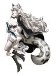 1girl animal_ear_fluff animal_ears arknights bangs bead_necklace beads bell belt black_belt black_cape black_footwear boots braid breasts cape commentary dress english_commentary eyebrows_visible_through_hair full_body fur-trimmed_boots fur_trim grey_eyes grey_legwear hair_between_eyes head_chain high_heel_boots high_heels highres holding holding_bell jewelry knee_boots leopard_ears leopard_tail lim_aya_w long_hair long_sleeves looking_at_viewer medium_breasts necklace pramanix_(arknights) silver_hair simple_background smile solo tail thighhighs thighs turtleneck twin_braids very_long_hair white_background white_dress wide_sleeves zettai_ryouiki 