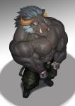  2018 abs absurd_res anthro belt big_muscles black_body black_fur blue_hair boots bottomwear clothed clothing combat_boots demon felid fingerless_gloves footwear fur gloves hair handwear hi_res high-angle_view horn krampus_(housamo) lion male mammal muscular muscular_male nipples pantherine pants pecs pink_nose scar simple_background solo tokyo_afterschool_summoners topless traver009 triceps tusks video_games 