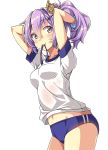  1girl absurdres adjusting_hair arms_behind_head arms_up azur_lane bangs blue_buruma buruma cowboy_shot crown gym_shirt gym_uniform hair_between_eyes high_ponytail highres javelin_(azur_lane) long_hair looking_at_viewer macaroni_hourensou mini_crown mouth_hold navel ponytail purple_hair ribbon ribbon_in_mouth shirt short_sleeves simple_background smile solo tilted_headwear tying_hair white_background white_shirt 