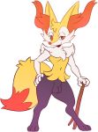  2019 3_toes 4_fingers anthro balls biped braixen canid canine canis chest_tuft digital_media_(artwork) digitigrade eyelashes facial_tuft fingers full-length_portrait fur genitals half-closed_eyes hi_res holding_object holding_stick inner_ear_fluff looking_at_viewer male mammal multicolored_body multicolored_fur multicolored_tail narrowed_eyes navel nintendo nude orange_eyes pok&eacute;mon pok&eacute;mon_(species) portrait red_nose simple_background smile solo standing stick tderek99 toes tuft video_games white_background white_body white_fur yellow_body yellow_fur 