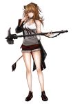  1girl animal_ears arknights bangs bare_arms bare_legs bare_shoulders black_choker black_footwear black_jacket breasts brown_eyes brown_hair choker cleavage commentary cutoffs english_commentary full_body hand_up holding holding_weapon jacket lim_aya_w lion_ears lion_tail long_hair long_sleeves looking_at_viewer medium_breasts mouth_hold red_shorts shoes short_shorts shorts siege_(arknights) simple_background solo standing tail tank_top thighs weapon white_background white_tank_top 