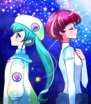  2girls antennae aqua_eyes aqua_hair astronaut back-to-back bangs beret blunt_bangs clenched_hand closed_eyes commentary_request eyebrows_visible_through_hair from_side hagoromo_lala hair_between_eyes hand_on_own_chest hat heart heart_print hoshina_hikaru jacket kagami_chihiro long_hair long_sleeves multicolored_hair multiple_girls older pink_hair pointy_ears precure sailor_collar shooting_star short_hair smile space spacesuit spoilers star star_(sky) star_twinkle_precure streaked_hair twintails upper_body yellow_jacket 
