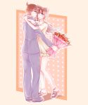  1boy 1girl bangs blue_eyes blue_jacket blue_pants bouquet brown_hair closed_mouth couple dress eye_contact eyebrows_visible_through_hair floating_hair flower full_body gasaisanae grey_background hair_between_eyes hand_on_another&#039;s_head holding holding_bouquet jacket kudou_shin&#039;ichi long_hair long_sleeves looking_at_another meitantei_conan mouri_ran pants red_flower shiny shiny_hair short_dress short_sleeves very_long_hair white_dress 