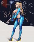  1girl artist_name azto_dio bangs blonde_hair blue_eyes blue_gloves blush breastless_clothes breasts character_name copyright_name crotchless full_body gloves hair_between_eyes high_heels highres large_breasts legs long_hair looking_at_viewer metroid navel nipples paralyzer parted_lips ponytail samus_aran sidelocks skin_tight solo standing zero_suit 