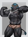  2019 abs absurd_res anthro biceps big_muscles biped black_body black_fur blue_hair bulge clothed clothing clothing_lift felid flexing fur hair hi_res horn huge_muscles krampus_(housamo) lion looking_at_viewer male mammal muscular muscular_male nipples pantherine pecs pink_nipples pink_nose quads scar shirt shirt_lift simple_background solo standing tank_top tokyo_afterschool_summoners topwear traver009 tusks underwear video_games 