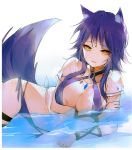  1girl aki_makoto animal_ear_fluff animal_ears bikini breast_hold breasts cleavage commentary commentary_request cygames eyebrows_visible_through_hair highres large_breasts long_hair looking_at_viewer lying midriff navel on_side open_mouth peanutc princess_connect! princess_connect!_re:dive purple_bikini purple_hair purple_shorts see-through shorts side-tie_bikini simple_background solo swimsuit tail water white_background wolf_ears wolf_girl wolf_tail yellow_eyes 